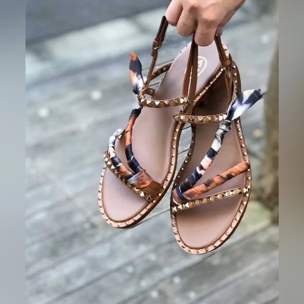 ASH Paprika Studded Leather Strappy Sandal in Nude/Floulard with Silk Scarf